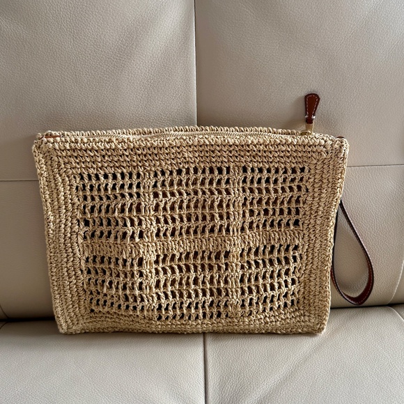 Authentic Tory Burch 155038 Natural Raffia Ella Crochet Pouch Wristlet - Picture 5 of 10